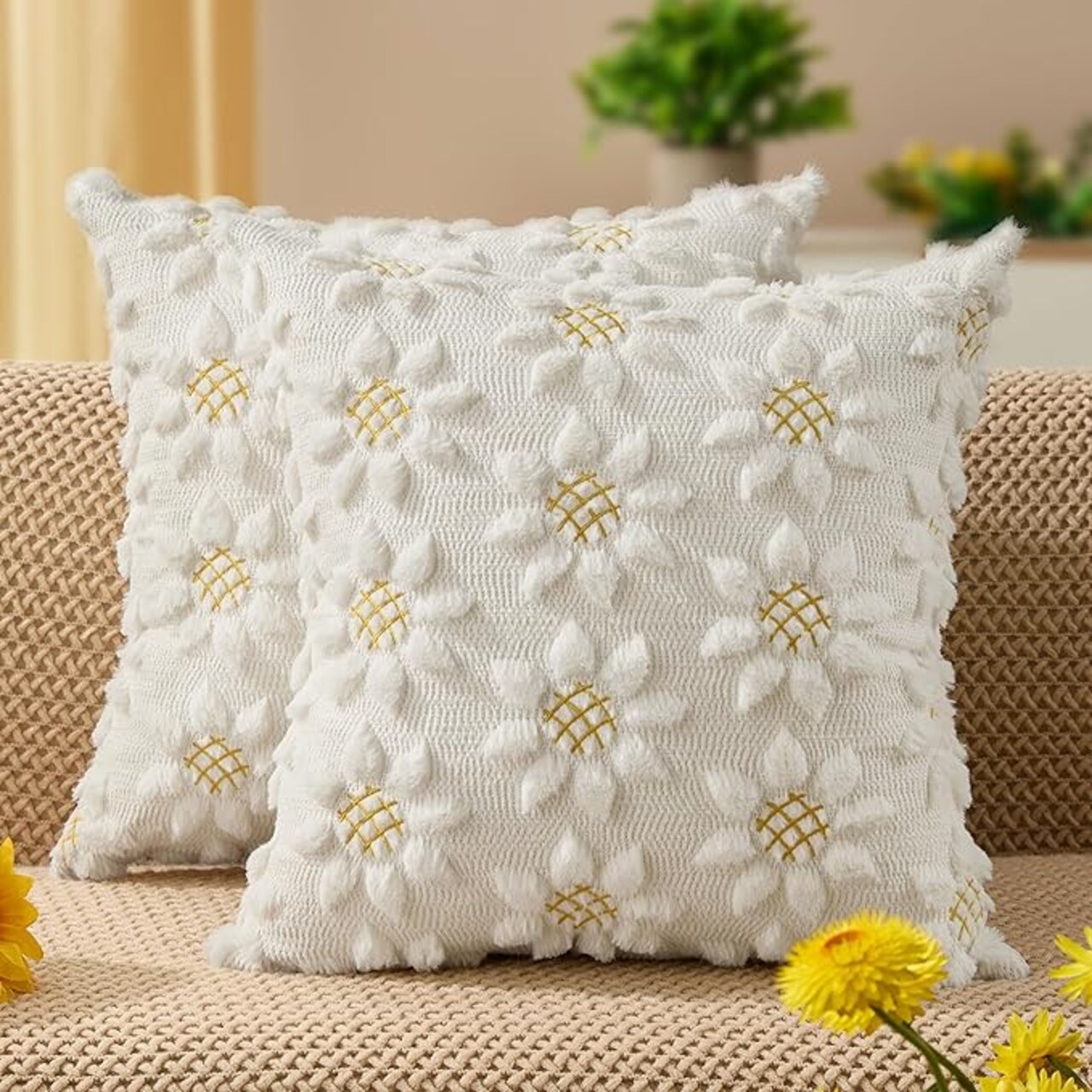 Spring Summer Pillow Covers 18x18 inch Set of 2 Farmhouse Decor Yellow Color Flower Heart Sunflower Soft Plush Faux Fur Jacquard Throw Pillows for Sofa Holiday Spring Home Decor PTK024C18